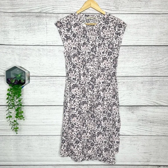LOFT | Dresses | Ann Taylor Loft Pink Gray Floral Button Front Belted Aline  Dress Size Medium | Poshmark